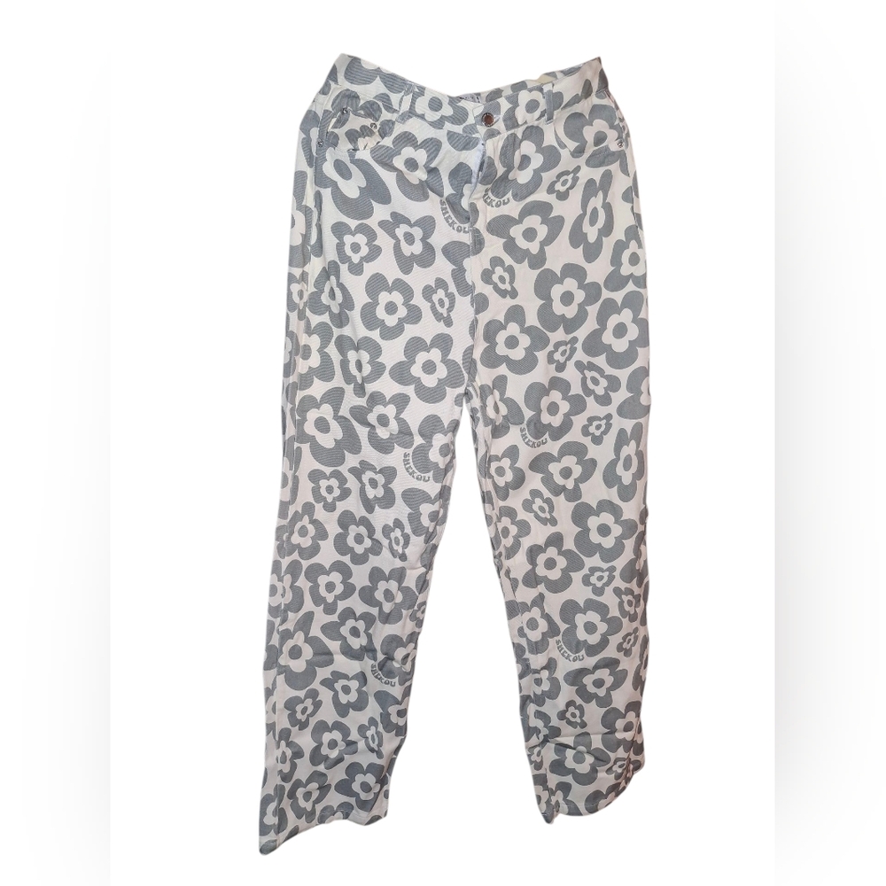 Shekou 2xl Jeans Pants Stretch Soft Denim Cotton Woman Gray White Floral NwtDim